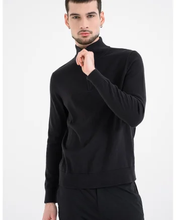 Pulover din bumbac cu fenta cu fermoar, Negru