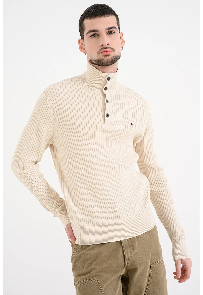 Pulover slim-fit din bumbac organic cu fenta cu nasturi si striatii, Bej