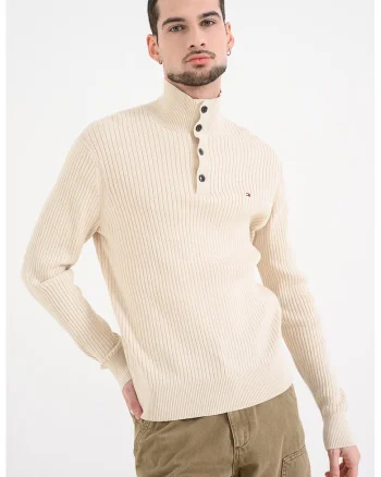 Pulover slim-fit din bumbac organic cu fenta cu nasturi si striatii, Bej