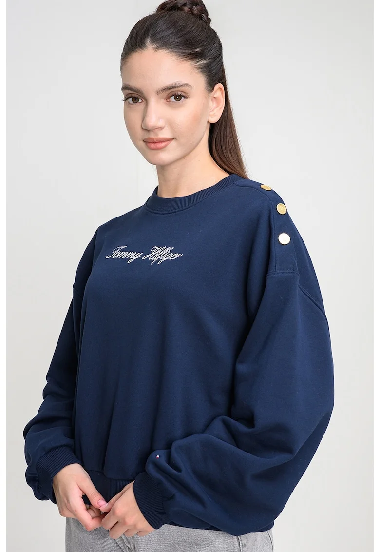 Bluza de trening cu croiala lejera si detalii nasturi pe un umar, Bleumarin
