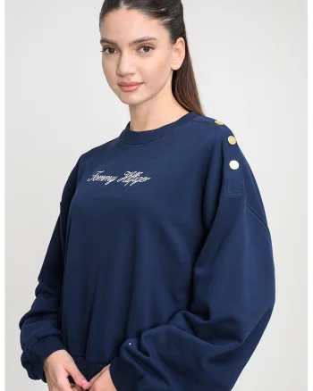 Bluza de trening cu croiala lejera si detalii nasturi pe un umar, Bleumarin