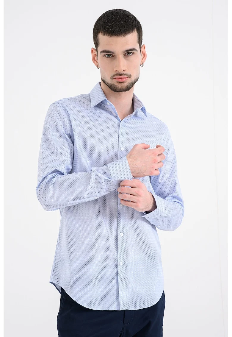 Camasa slim-fit cu maneci lungi si model, Alb/Albastru deschis