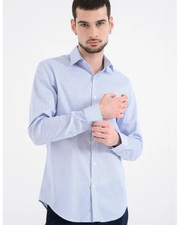 Camasa slim-fit cu maneci lungi si model, Alb/Albastru deschis