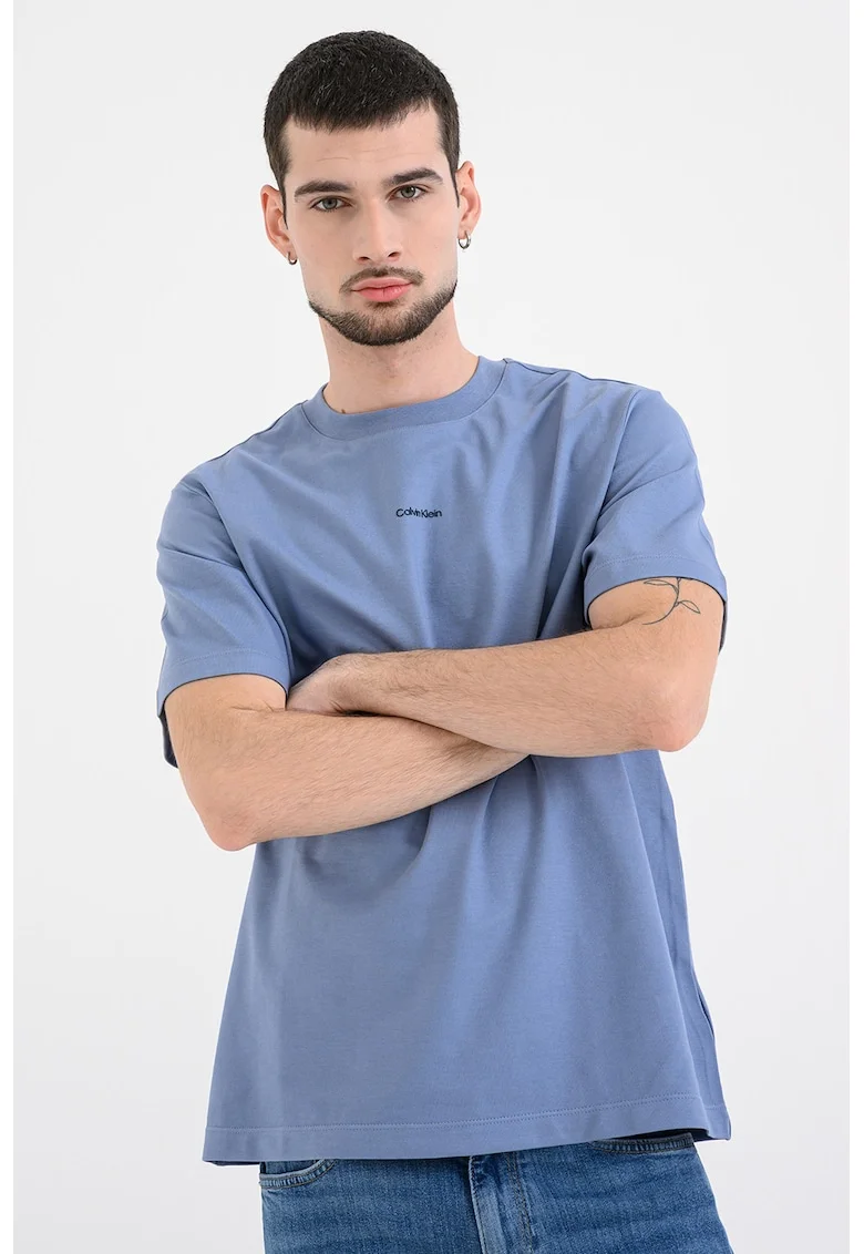Tricou lejer din bumbac pique, Albastru prafuit