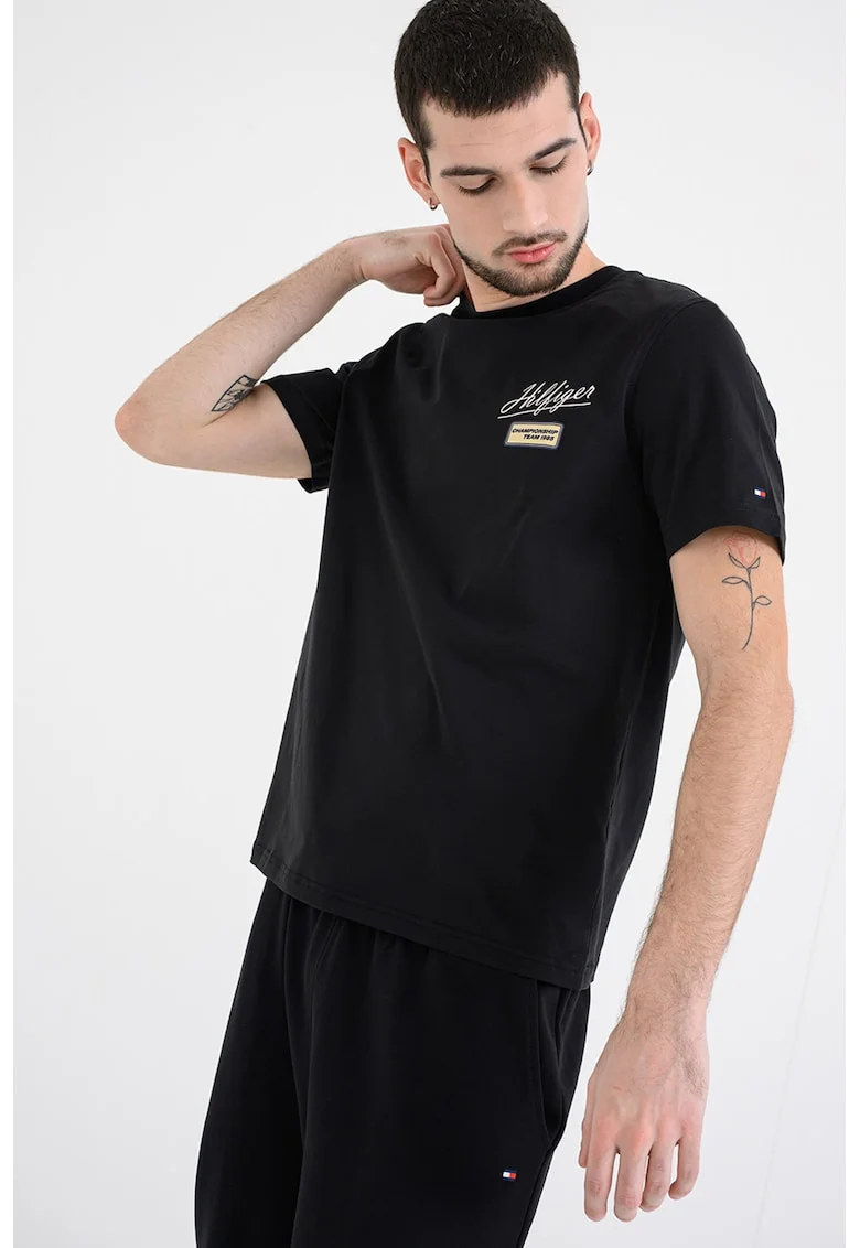 Tricou slim-fit cu imprimeu logo, Negru