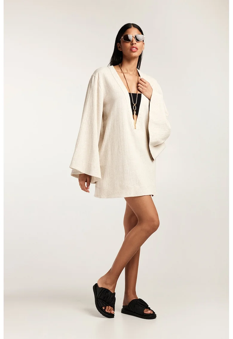 Rochie din amestec de in cu decolteu in V, Bej deschis