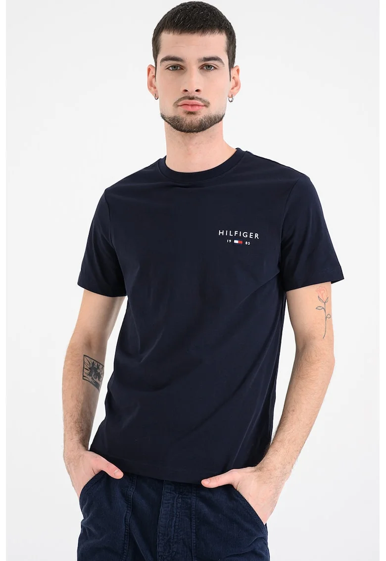 Tricou cu decolteu la baza gatului si imprimeu logo, Bleumarin