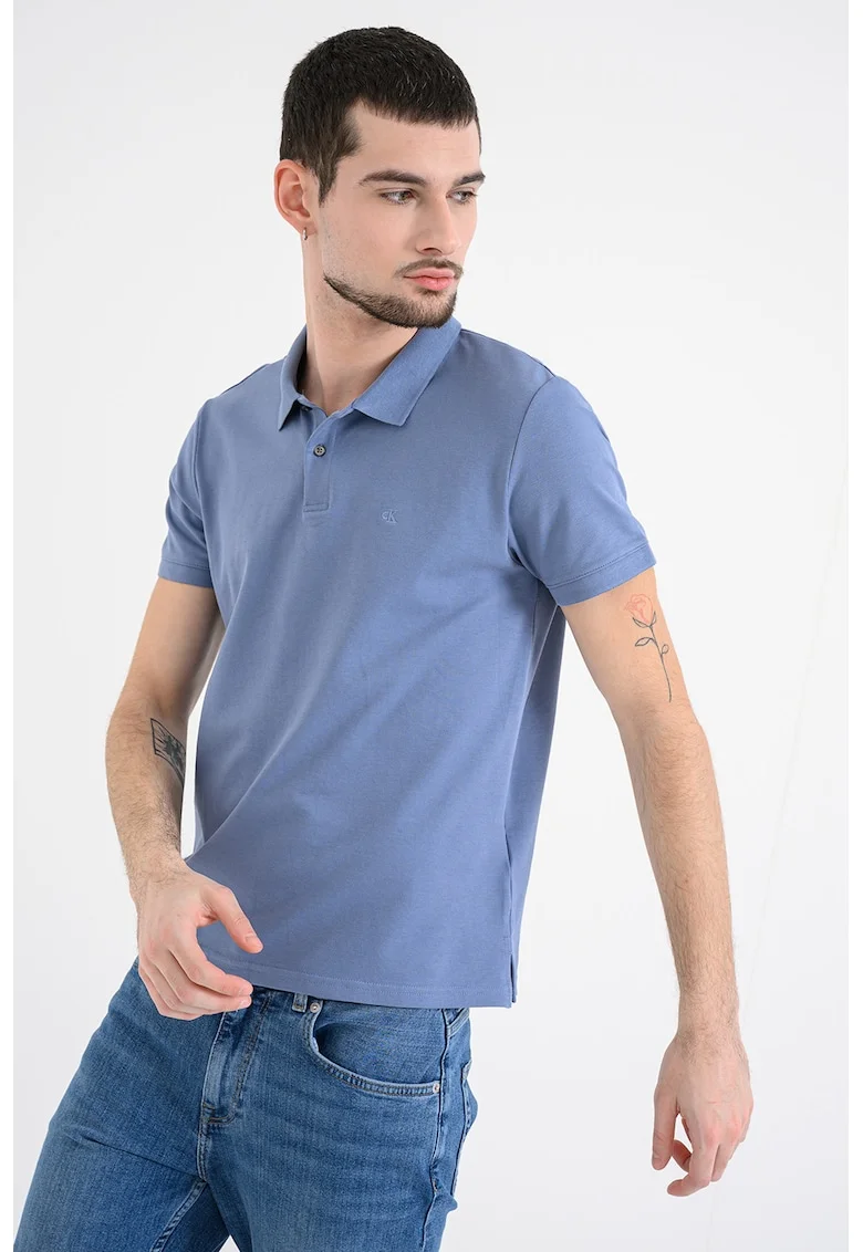 Tricou polo din bumbac pique cu croiala slim-fit, Albastru prafuit