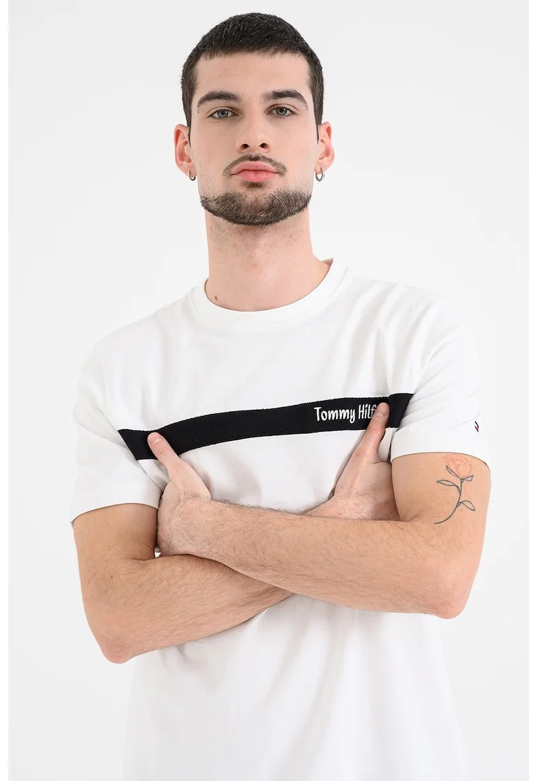 Tricou din bumbac cu decolteu la baza gatului, Alb/Negru