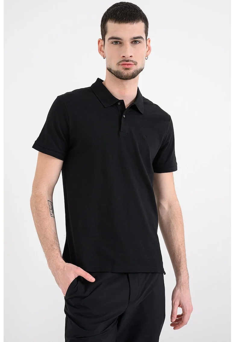 Tricou polo din bumbac pique cu croiala slim-fit, Negru