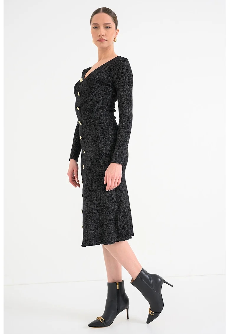 Rochi midi din tricot cu nasturi metalici, Auriu/Negru