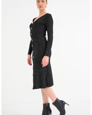 Rochi midi din tricot cu nasturi metalici, Auriu/Negru