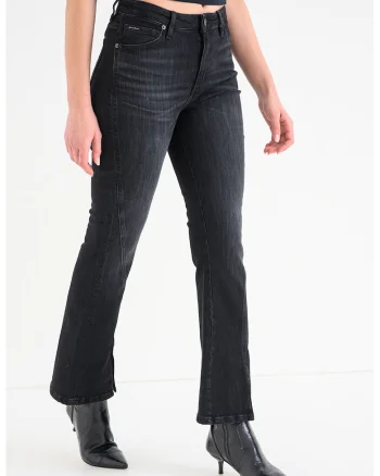 Blugi bootcut cu talie inalta si slituri frontale, Negru