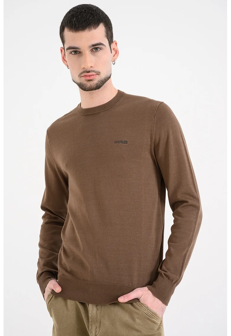 Pulover tricotat fit cu decolteu la baza gatului, Verde masliniu