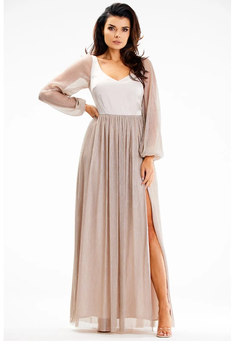 Rochie maxi crapata pe picior  bej, poliester/elastan