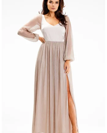 Rochie maxi crapata pe picior  bej, poliester/elastan
