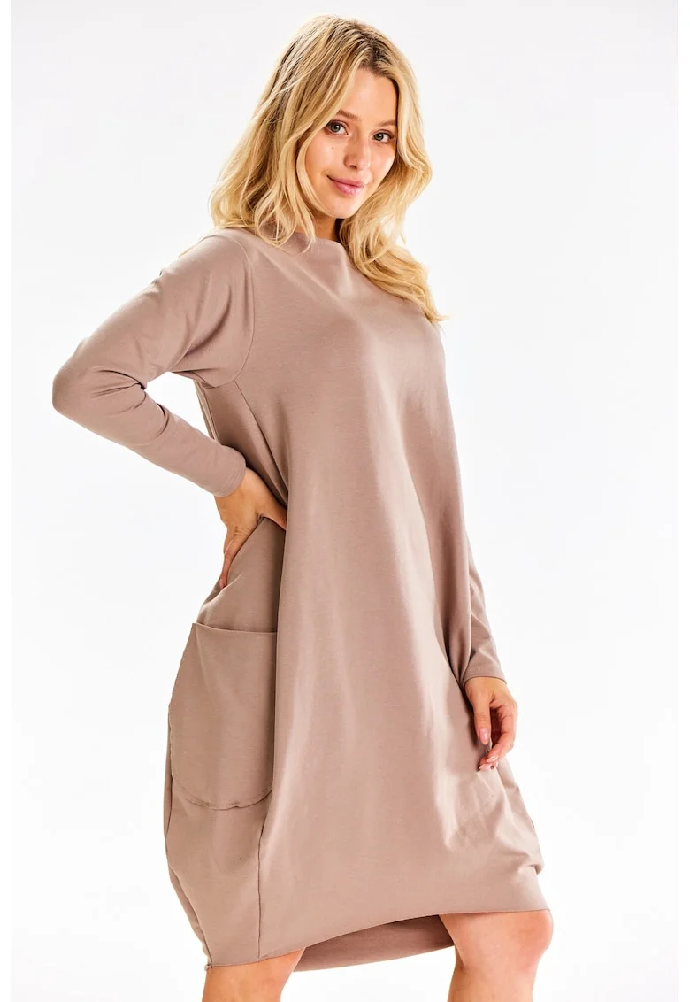 Rochie midi casual cu maneci lungi, Latte