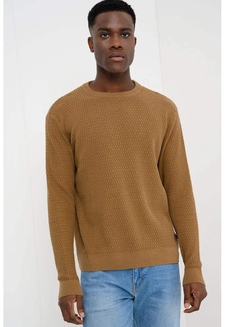 Pulover slim fit cu model texturat, Maro inchis
