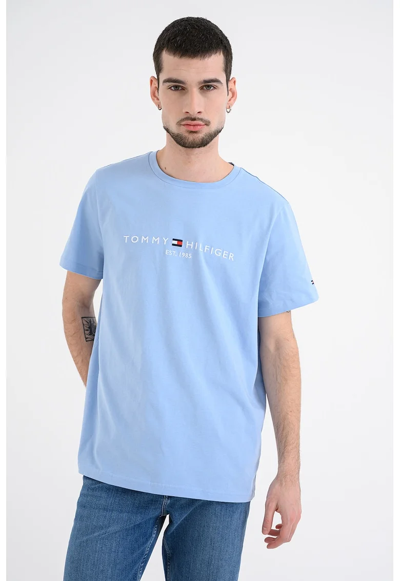 Tricou slim fit din bumbac cu broderie, Albastru azur/Albastru glaciar