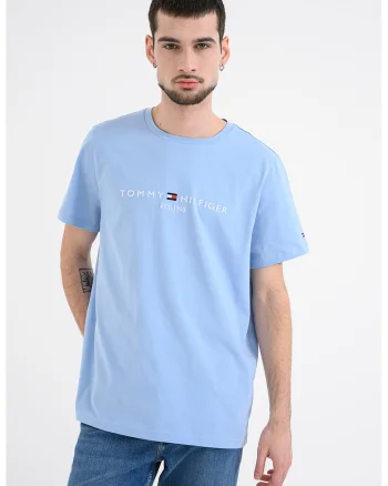 Tricou slim fit din bumbac cu broderie, Albastru azur/Albastru glaciar