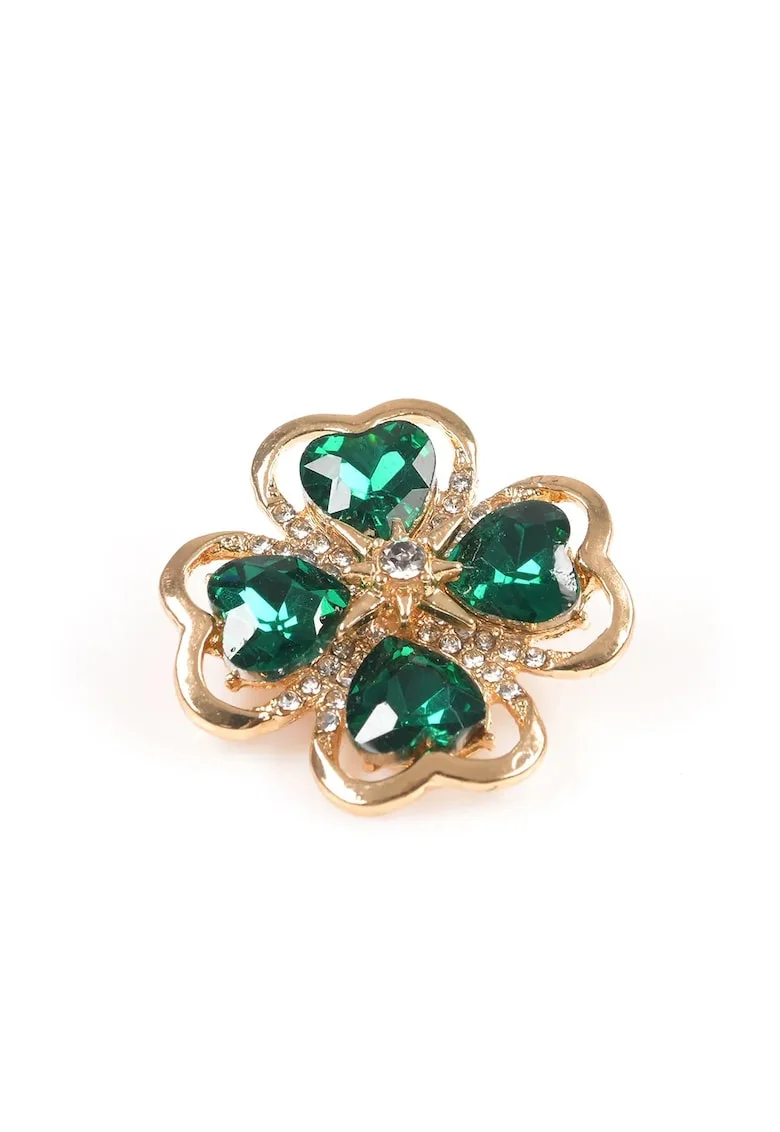 Brosă martisor  trifoi, auriu și verde, 2.5x2.5cm