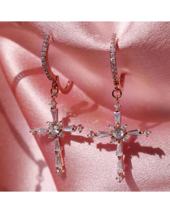 Cercei rose gold, forma de cruce, cu pietre din zirconiu, Conrad C7,