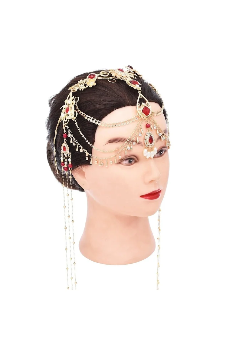 Accesoriu de cap, auriu, cu pietre rosii, lanturi si perle, Galathea C7,