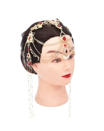 Accesoriu de cap, auriu, cu pietre rosii, lanturi si perle, Galathea C7,