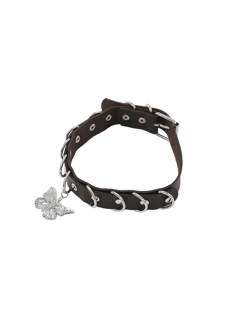 Colier choker negru, cu fluture si zale argintii, Moris C17,