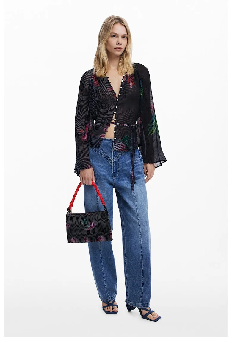 Bluza cu nasturi si maneci evazate, Negru/Roz