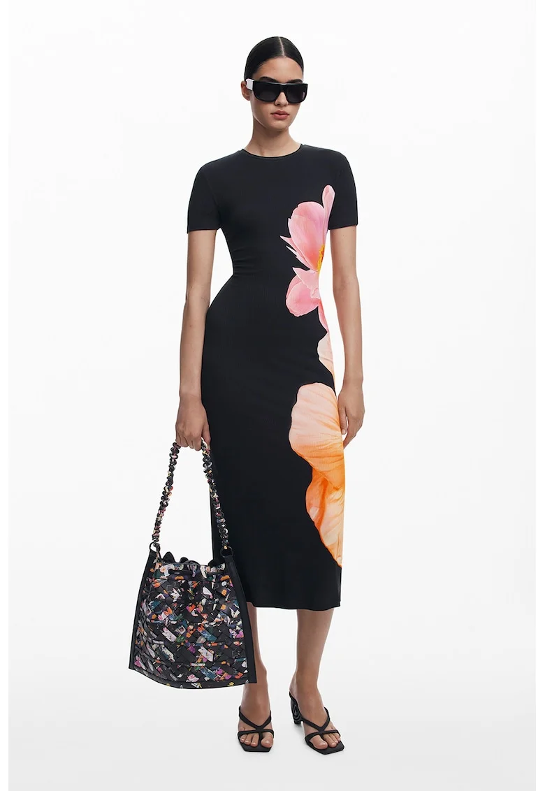 Rochie-tricou cu imprimeu floral, Negru