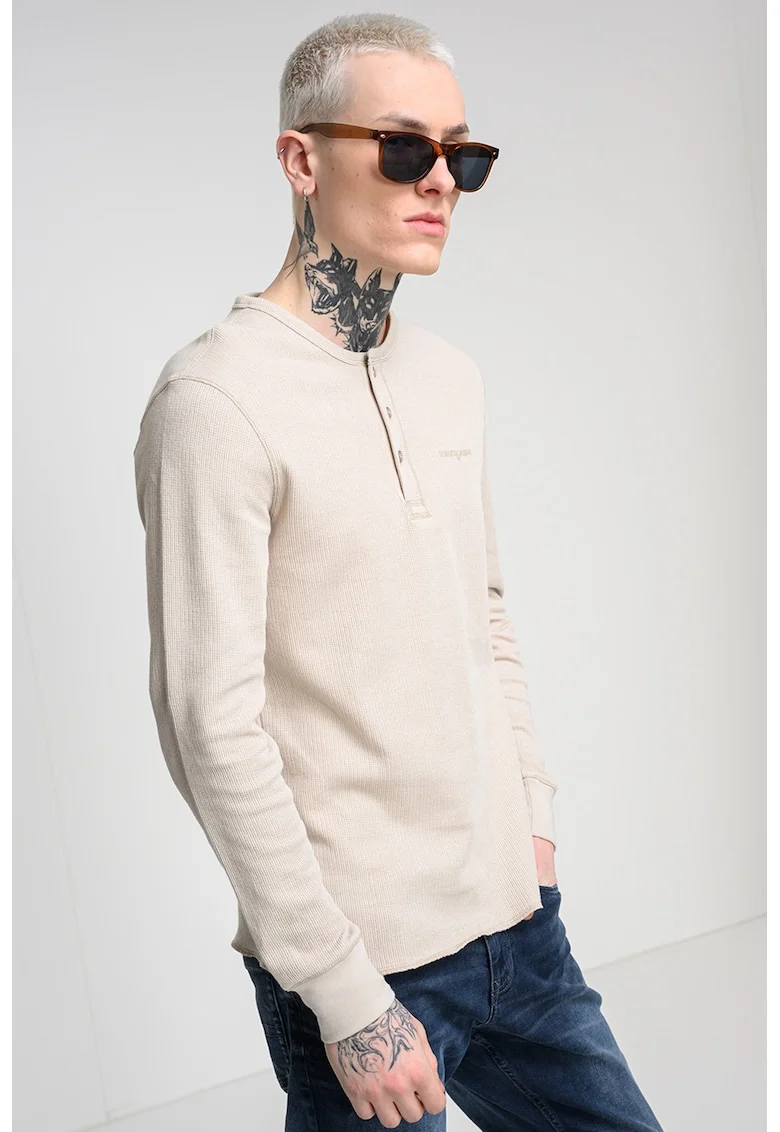 Bluza slim fit cu decolteu henley, Bej