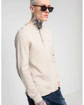 Bluza slim fit cu decolteu henley, Bej