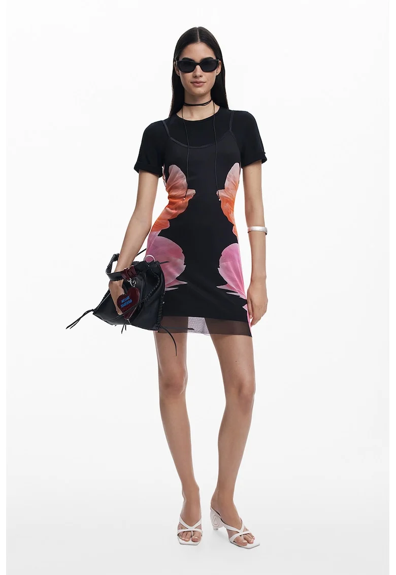 Rochie scurta cu model floral si 2-in-1, Negru/Roz pal