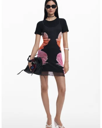 Rochie scurta cu model floral si 2-in-1, Negru/Roz pal