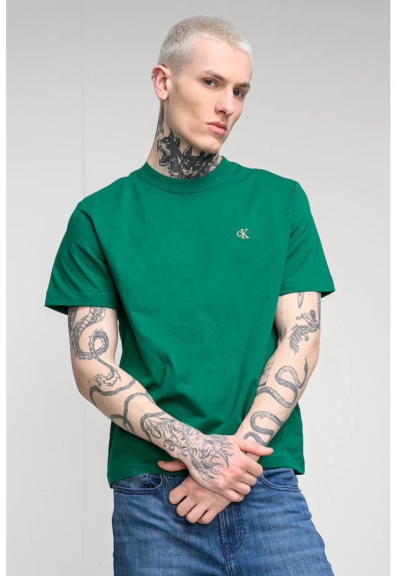 Tricou din bumbac cu decolteu la baza gatului, Verde electric