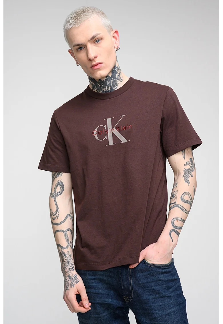 Tricou din bumbac cu imprimeu logo, Maro inchis