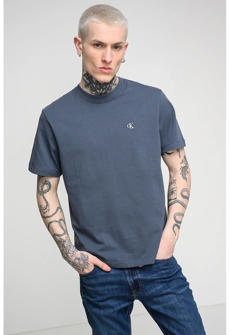 Tricou din bumbac cu decolteu la baza gatului, Albastru prafuit