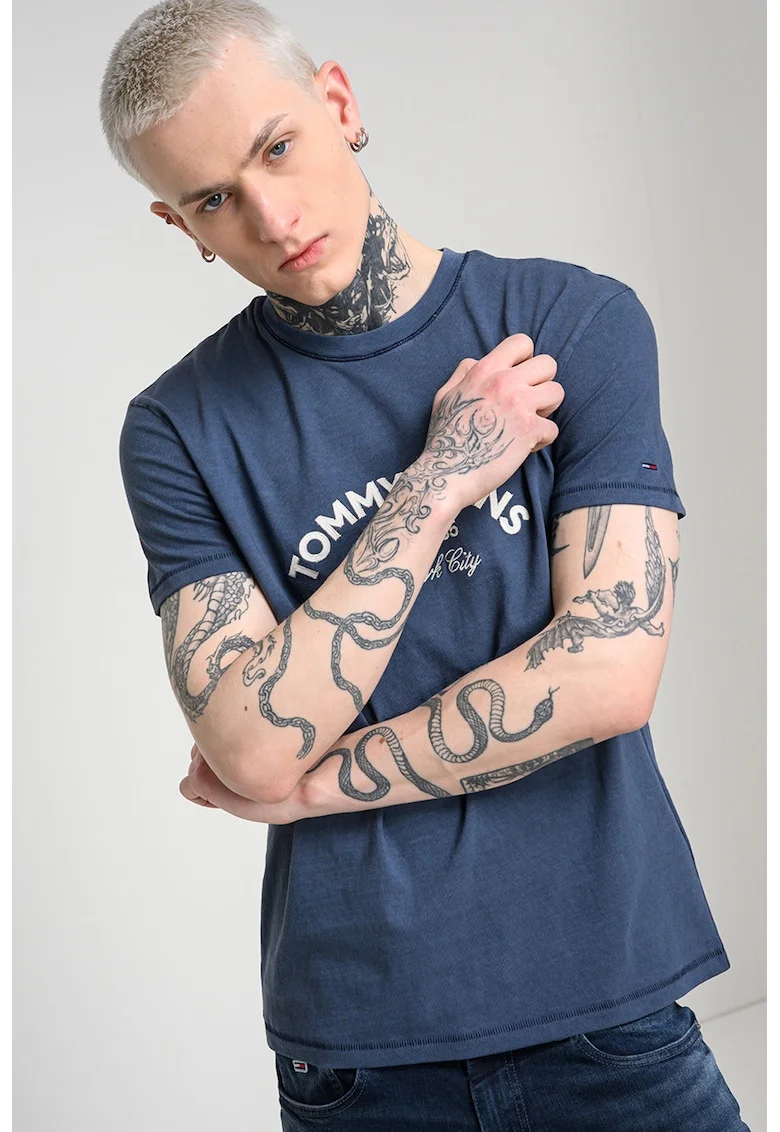 Tricou de bumbac cu decolteu la baza gatului, Albastru prafuit