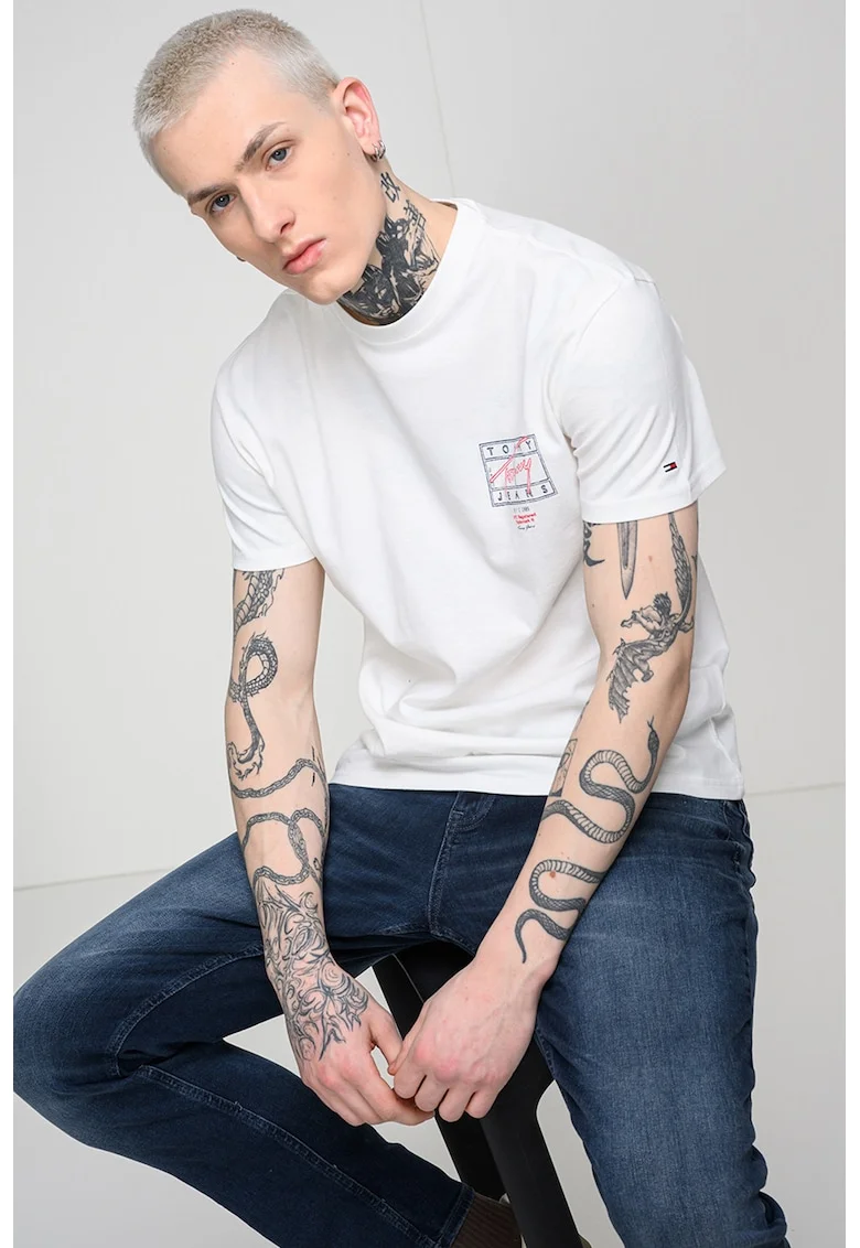 Tricou cu imprimeu si decolteu la baza gatului, Alb