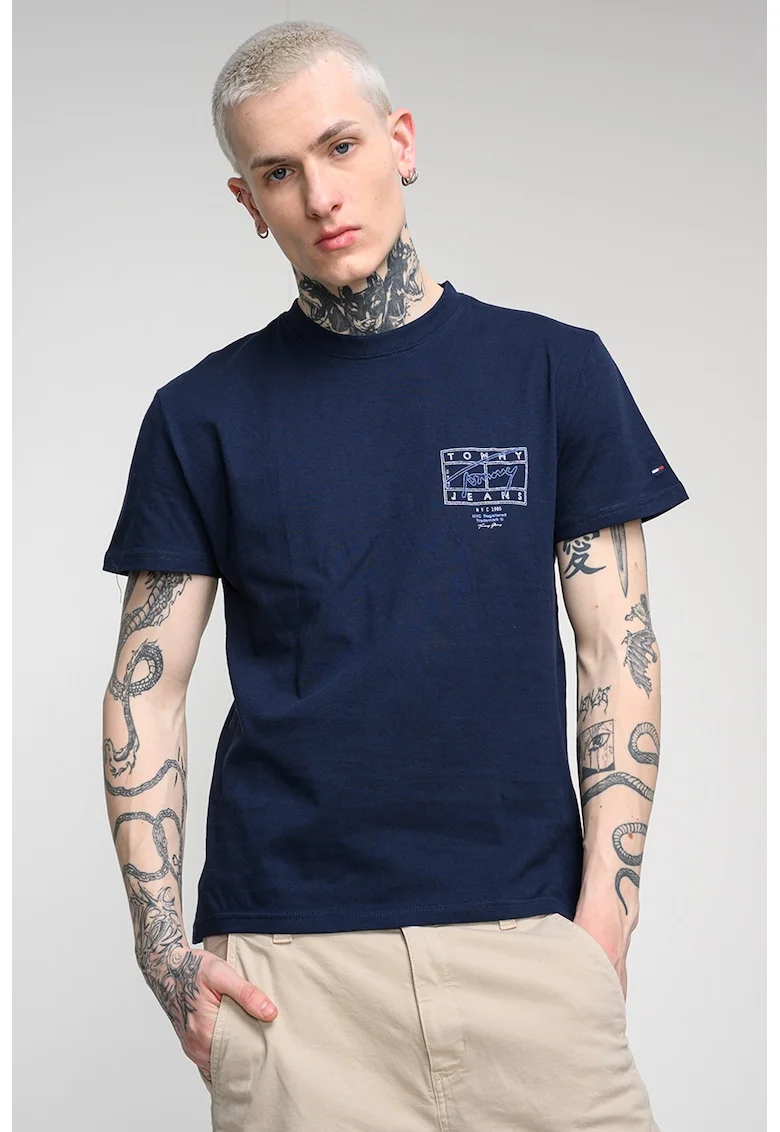 Tricou cu imprimeu si decolteu la baza gatului, Bleumarin