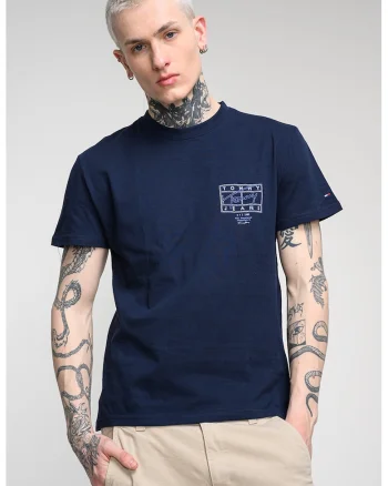 Tricou cu imprimeu si decolteu la baza gatului, Bleumarin