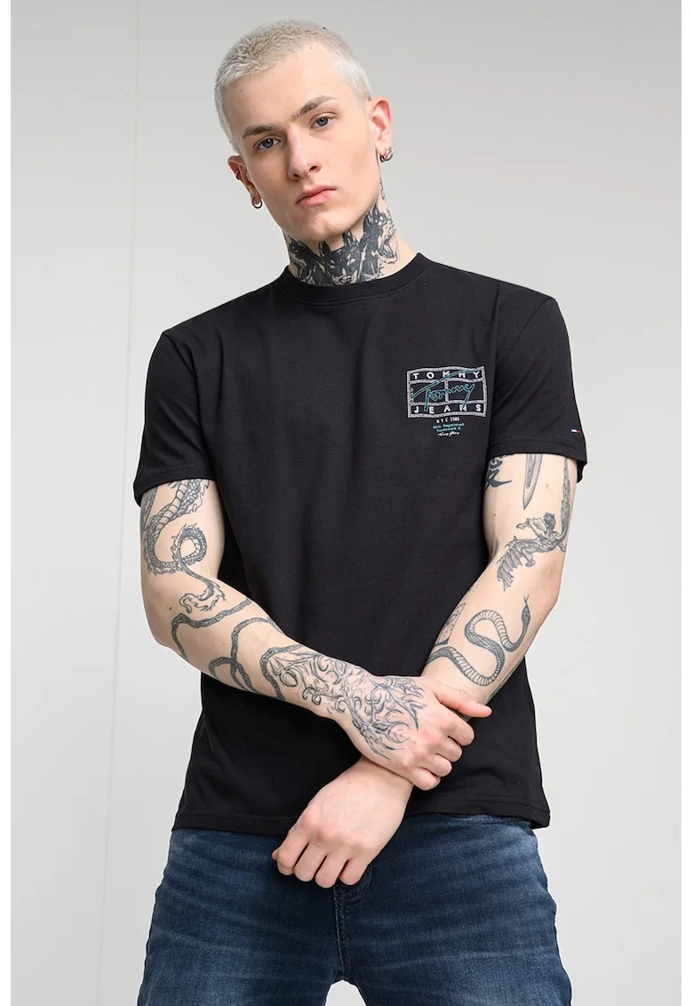 Tricou cu imprimeu si decolteu la baza gatului, Negru