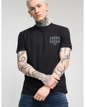 Tricou cu imprimeu si decolteu la baza gatului, Negru