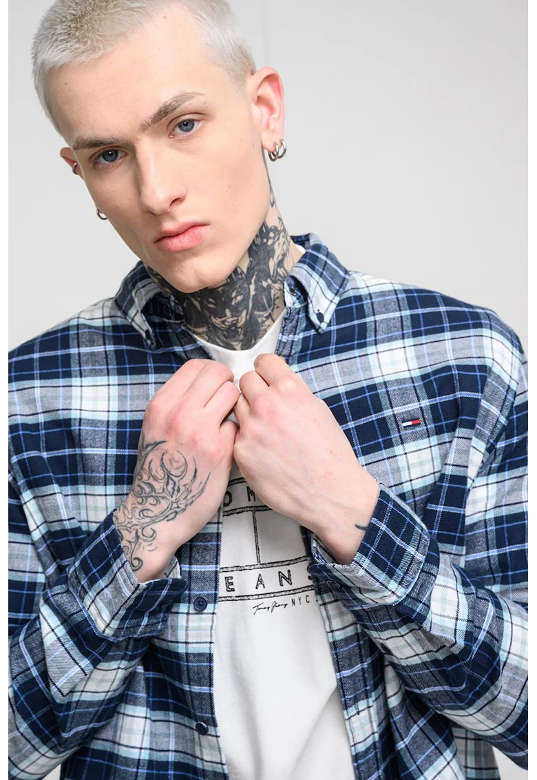 Camasa regular fit in carouri, Crem/Bleumarin