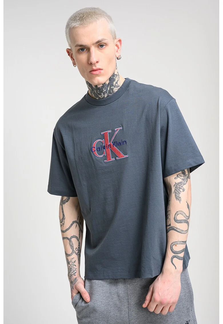 Tricou de bumbac cu logo brodat, Albastru prafuit
