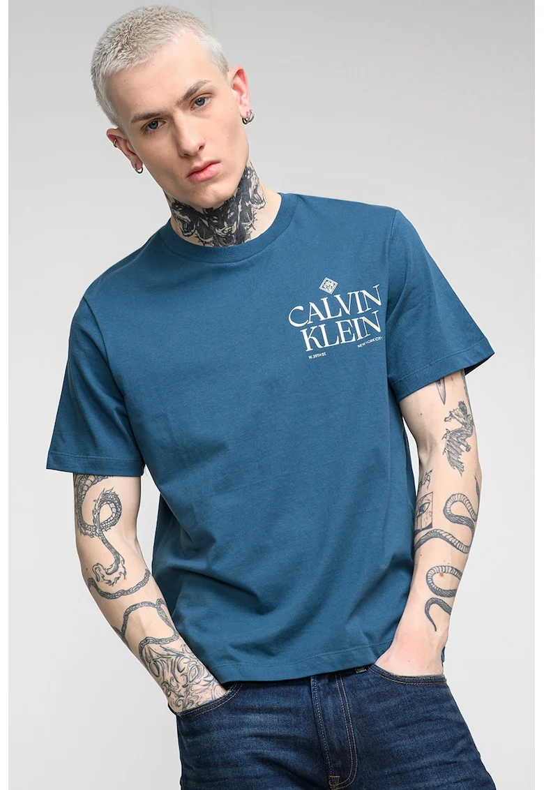 Tricou de bumbac cu decolteu la baza gatului si logo, Albastru petrol