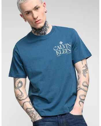 Tricou de bumbac cu decolteu la baza gatului si logo, Albastru petrol