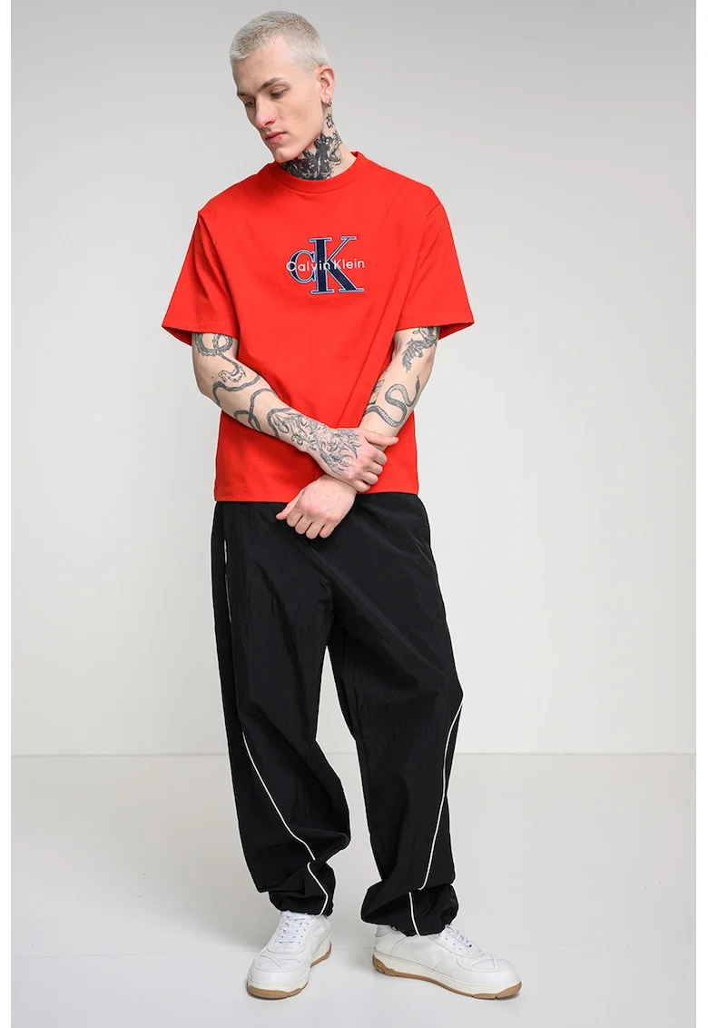 Tricou de bumbac cu logo brodat, Rosu vermillion