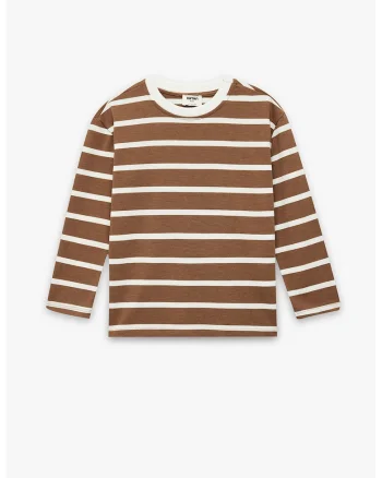 Bluza cu decolteu la baza gatului si dungi, Alb/Caramel